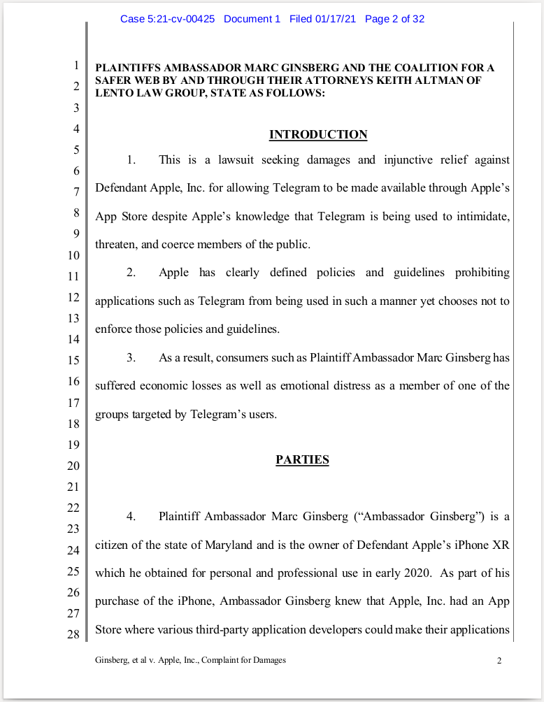 ambassador-marc-ginsberg-and-the-coalition-for-a-safer-web-vs-apple-inc-for-allowing-elegram-messenger-to-remain-in-the-apple-aap-store-northern-district-of-california-january-17-2021